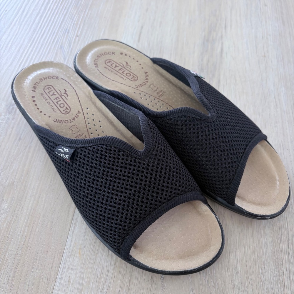 Fly Flot Womens Black Mesh Anatomic  Slide Sandals Made in Italy Size 38 7.4/8